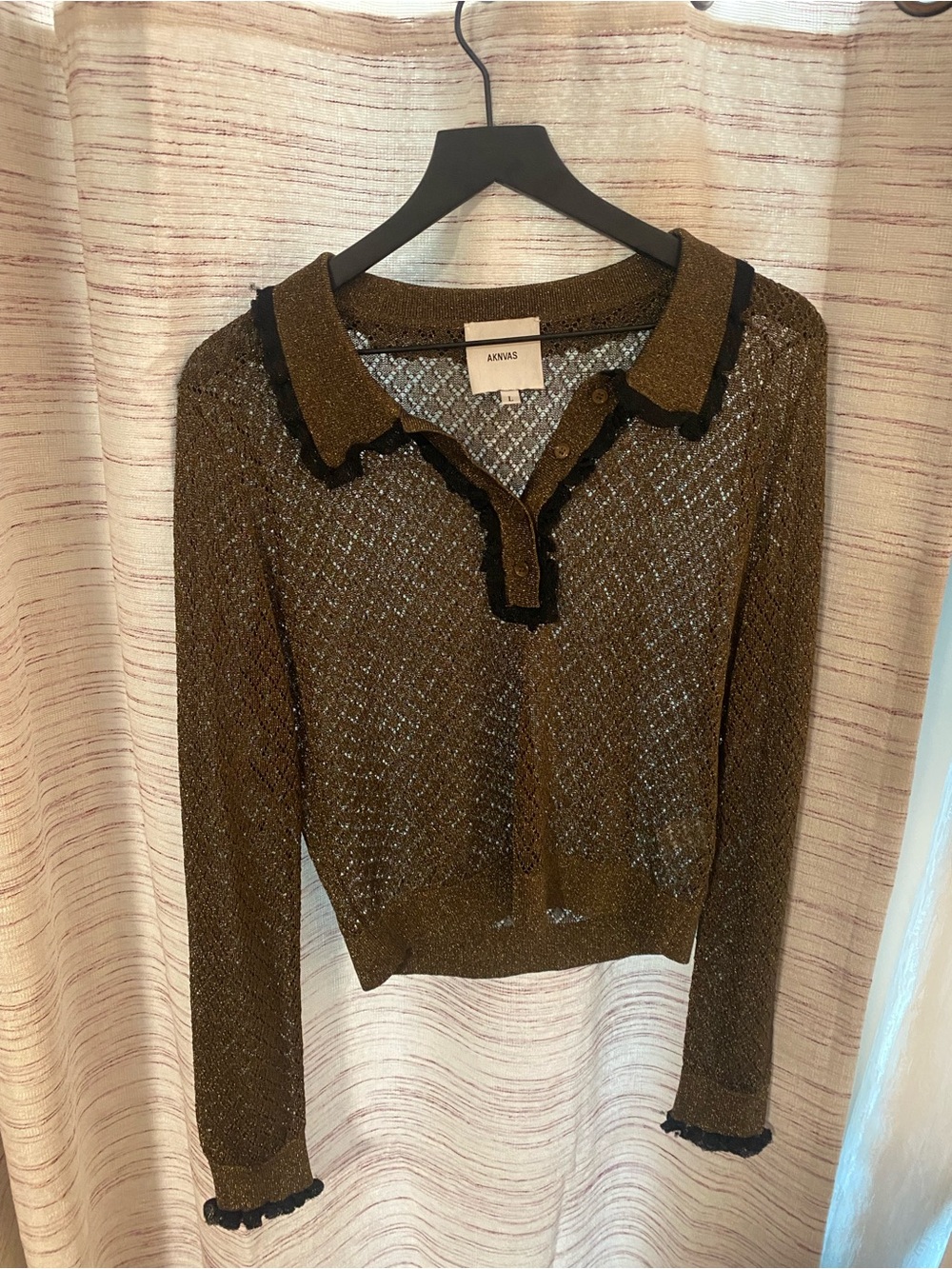 Aknvas brown metallic v-neck sweater with black trim